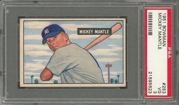 1951 Bowman #253 Mickey Mantle Rookie Card – PSA VG 3